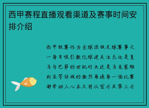 西甲赛程直播观看渠道及赛事时间安排介绍