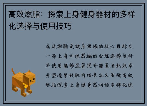 高效燃脂：探索上身健身器材的多样化选择与使用技巧